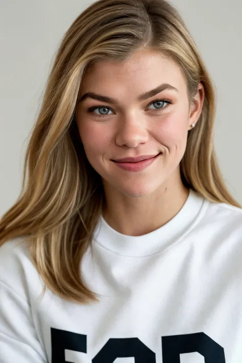 closeup headshot of (CTI_t3ssw3ster:0.9), an attractive woman, in front of a simple background, wearing a (crewneck:1.1), (joyful), shallow depth of field, vignette, high budget Hollywood film, bokeh, cinemascope, epic, gorgeous, film grain