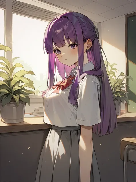 <lora:xl_Fern(pony):1>,fern is a girl with long purple hair and purple eyes,school uniform,classroom,, score_9,_up score_8_up,