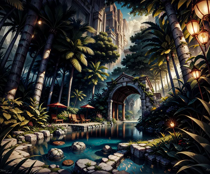 (masterpiece,finely detailed landscape: 1.2), a portal to another dimension, surrounded by a rainforest teeming with life