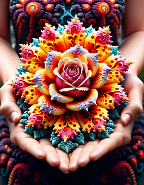 Award-winning photography of a beautiful, holding a lava rose in hand, exploding magic, hyper realistic, intricate details, colorful, sparkles, shining, ultra sharp, realism, lightning strikes <lora:ral-mndlbrt:1> ral-mndlbrt