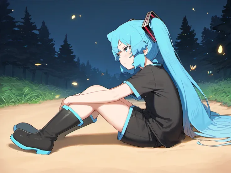 score_9, source_anime,
fireflies, glowing,
outdoors, sand, trees, night sky,
looking away, 
sitting, long shadows,
from side,
1girl, solo, hatsune miku,
aqua hair, aqua eyes,
bare legs, boots, t-shirt, shorts, short sleeves,
<lora:abmayo_)ponyDiffusionV6XL...