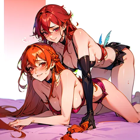 <lora:Mochi:1> 2girls mature_female all_fours bare_shoulders bikini bikini_top_only blush braid breasts choker earrings feather_earrings feathers freckles implied_futanari implied_sex jewelry long_hair low-cut multiple_girls nail_polish official_alternate_...