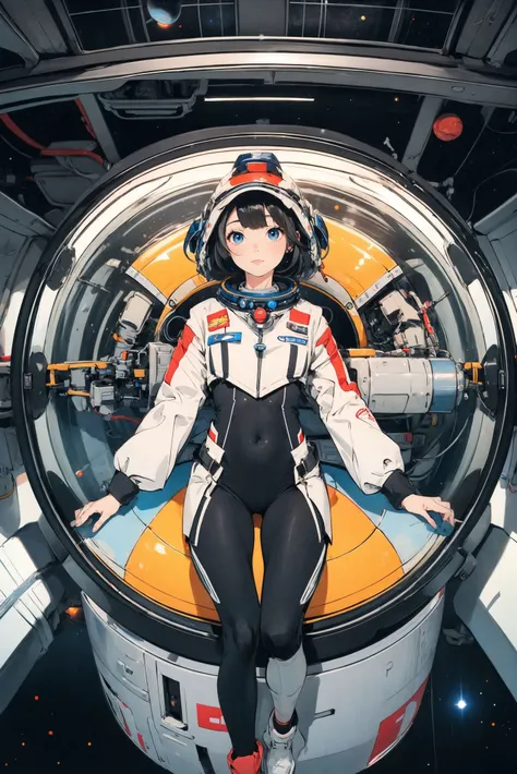 1girl,solo,black_hair,mecha,on back,bodysuit,blue eyes,headwear removed,looking_at_viewer,(Space capsule:1.2),Floating mechanical props,indoor,