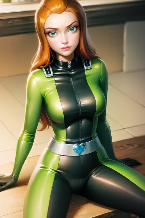 masterpiece, best quality, ultra-detailed, illustration, 1girl, sam (totally spies), orange hair, long hair, green eyes, green bodysuit, belt, envy, sitting on lap, summer <lora:brj-sam-v2:1> <lora:GoodHands-vanilla:0.5>