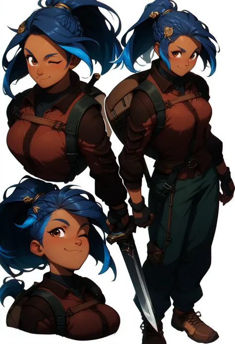 score_9, score_8_up, score_7_up,<lora:xl_more_art-full_v1:0.8>,<lora:add-detail-xl:1>
BREAK
 <lora:concept:1>conceptart, 1girl, blue hair, gloves, weapon, multiple views, fingerless gloves, one eye closed, sword, white background, pants, backpack, bag, mul...