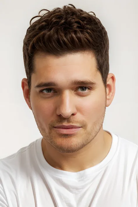 headshot of michael buble, plain background, white t-shirt, smirk, looking at the camera <lora:MichaelBubleLora:1>