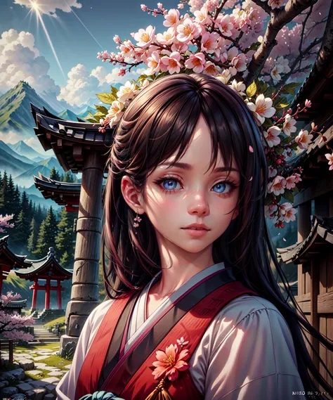 (masterpiece, finely detailed beautiful eyes: 1.2), ultra-detailed, illustration, 1girl, miko, japanese clothes, cherry blossoms, torii, mountain, mountainous horizon, detailed background, (realistic:2), volumetric light, sunbeam, light rays, sky, cloud,