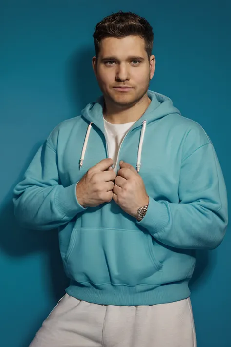 MichaelBuble, stubble, 80s heartthrob, (1man), muscular, hunky male, (wearing a Retro-style sweatshirt), handsome, professional lighting, artistic shot, blue background  <lora:MichaelBubleLora:1>