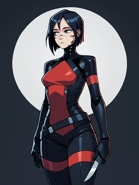 score_9, score_8_up, score_7_up, score_6_up, score_5_up, score_4_up, rating_safe
BREAK
elster, cyborg, black hair, blue eyes, expressionless, looking away,
BREAK
solo, cowboy shot, skinny, bodysuit, medium breasts, holding knife,
BREAK
black background, <l...