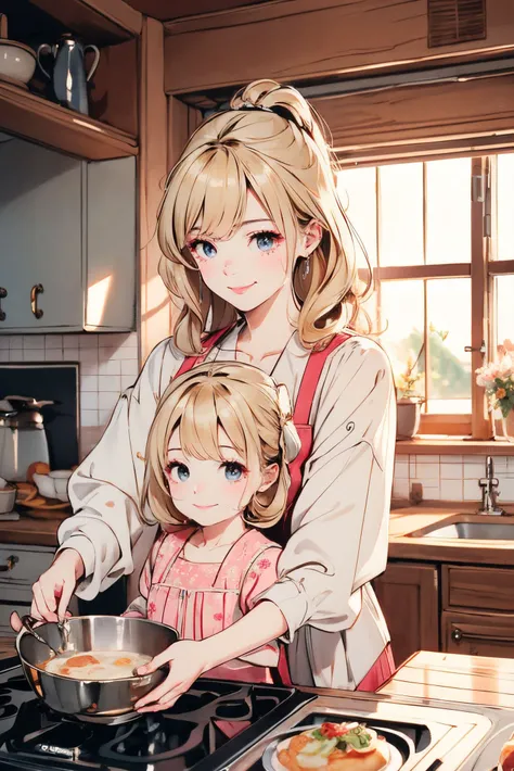 masterpiece,best quality,itricate detail,high quality,cinematic light,beautiful eyes,8k,2girl,mother and her little daughter,cooking,smile,loving aura,love mood,happy,blonde hair,mom stay behind her daughter and have arms around her,