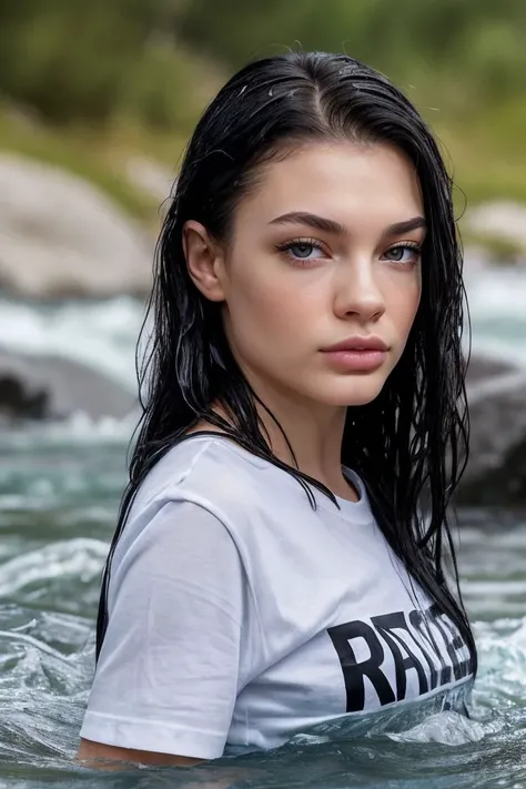 portrait of S333_ChloeHeart,a beautiful woman,in a (rapids:1.1),wearing a (t-shirt:1.1),(wet-hair),(4k, RAW photo, best quality, depth of field, ultra high res:1.1),(absurdres, intricate, photorealistic, masterpiece, ultra-detailed:1.1),