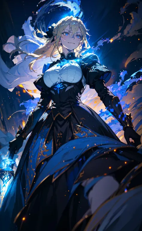 masterpiece, best quality, 1girl, artoria pendragon (fate), smug, smirk, dark, moody, swirling smoke, glow, glowing, depth of field, bokeh, cinematic, dynamic, from below