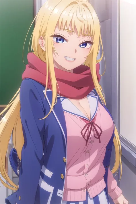 minamifuyuki, <lora:minami fuyuki s1-lora-nochekaiser:1>,
minami fuyuki, long hair, blonde hair, (purple eyes:1.1), ahoge, sidelocks, smile, grin,
BREAK cleavage, skirt, school uniform, jacket, pleated skirt, boots, scarf, blazer, cardigan, blue jacket, gr...