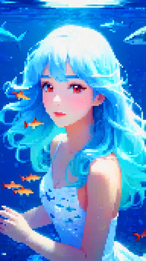 female, red under eye, under eye makeup, white eyes, white eyes, white eyelashes, blue hair, blue hair, flowing hair, flowing hair, glowing hair, glowing hair, while sharks, whale sharks, underwater, underwater, stoic face, calm face, beautiful, pretty, wh...