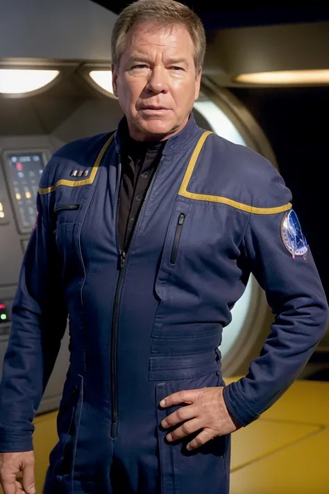 William Shatner as James Kirk from Star Trek, ent_uni, blue jumpsuit, zipper, unzipped, black shirt, yellow shoulders, flight patch, scifi starship background, looking at viewer, <lora:uni_st_ent:0.8>, 35mm, film grain