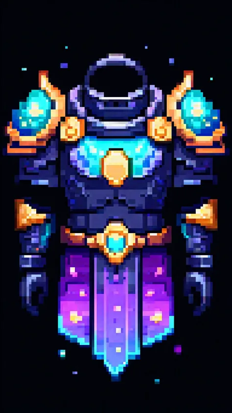 pixel art, cartoon illustration, cosmic robe armor breastplate, galaxy inside, simple black background, game icon