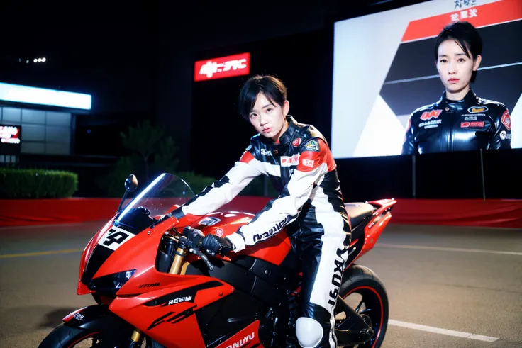 1girl,moyou,short hair,motorcycle racing,Driving Suit,Motorcyclist,High-Speed,Streets at night,liuliu,<lora:LYS:0.8>,