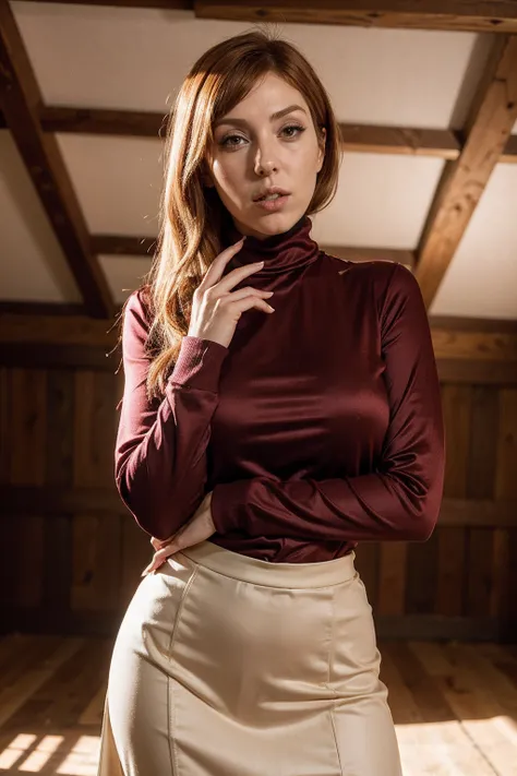 laurenphillips,a woman wearing winter turtleneck silk blouse and midi skirt, attic, (rim lighting:0.5) <lora:laurenphillips:0.3>