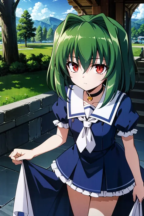 <lora:OmaHimaStylev51:0.8>,(best quality:1),absurdres,uhd,8k,magnum opus,volumetric shadows,isometric lighting,anime,solo,facing viewer,Shizuku, green hair, hair intakes, red eyes, slit pupils, blue dress, frills, sailor collar, white collar, grass, sky, t...