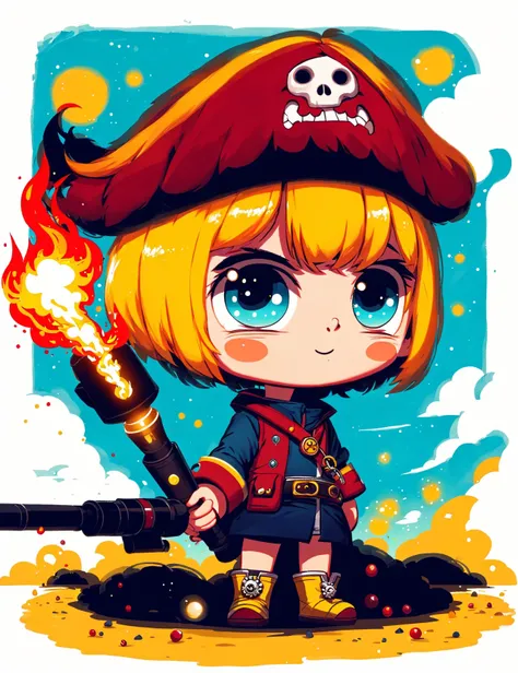 masterpiece, awesome quality, hyper detailed, DonMCu73T00n, 2D illustration ,cute, female thal, pirate navigator,, flamethrower,    <lora:DonMCu73T00n:0.8>