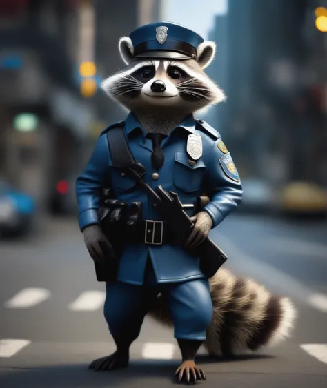 Anthropomorphic raccoon policeman on the street, (closeup:0.6)