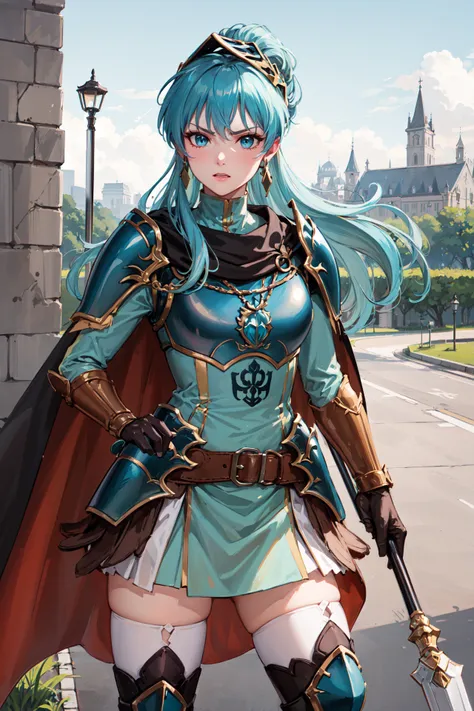 holding polearm, angry,full_body,standing,spread legs, <lora:BraveEirikaV1-000010:0.85>,bra_eirika, thigh_boots,white_thighhighs,long sleeves,elbow gloves, skin dents, breastplate, cape, shoulder armor, jewelry, belt, earrings, armored boots, zettai ryouik...