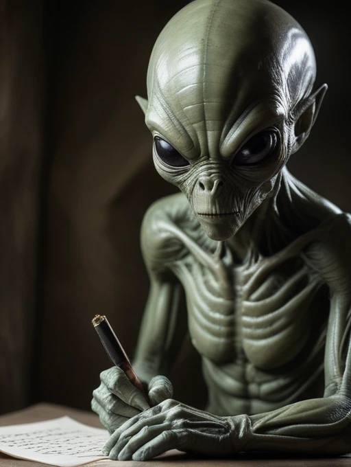 award winning photo of an alien writing poetry