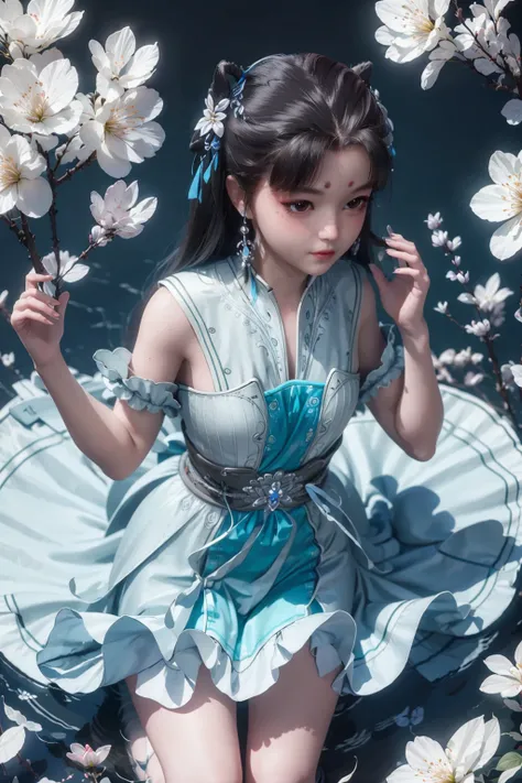 <lora:jmai_20240223145209-000008:0.7>,above the knee, appear on camera,blue_dress,lle,a girl appeared at the front,panorama,exploring cherry blossom branches,wonderland,light blue element,night,side light shining on the face,