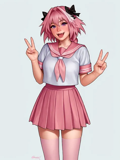 score_9, score_8_up, score_7_up, score_6_up, score_5_up, score_4_up, rating_safe
BREAK
astolfo (fate), otoko no ko, pink hair, braid,
BREAK
solo, standing, pink serafuku, white shirt, pink thighhighs, pink skirt, peace sign,
BREAK
white background, <lora:L...