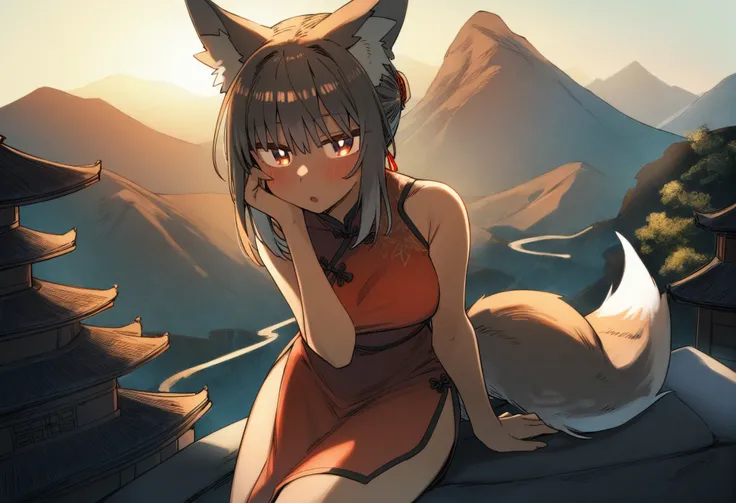 (by yukishiro haku, by ergot:0.7),
1girl, fox girl, fox ears, animal ear fluff, fox tail, red china dress,  :o, hand on own cheek, hips, tail raised,
outdoors, epic landscape of chinese mountains, pagoda, detailed background,
best quality, masterpiece,