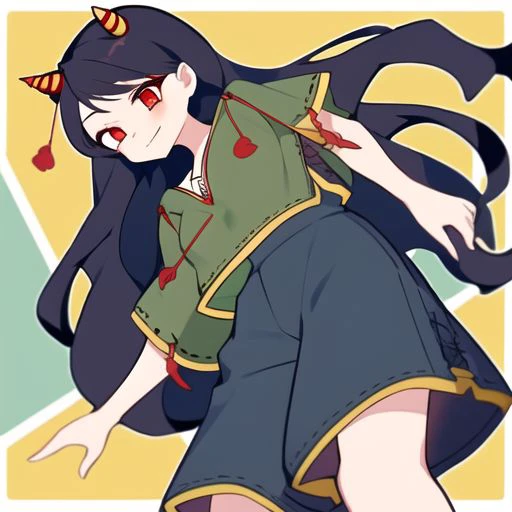 Best quality, most quality, anime style, anime girl, 1girl, solo, masterpiece, nippaku zanmu, green tshirt, red eyes, black hair, long hair, horn, short pants, blue short pants,