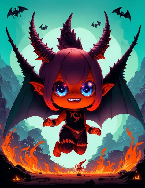 masterpiece, awesome quality, hyper detailed, DonMCu73T00n, imp, small, mischievous supernatural humanoid creature, impish features, horns, pointed ears, sharp teeth, bat like leathery wings, fiery glowing eyes, clawed hands and feet, tail, red to dark sha...