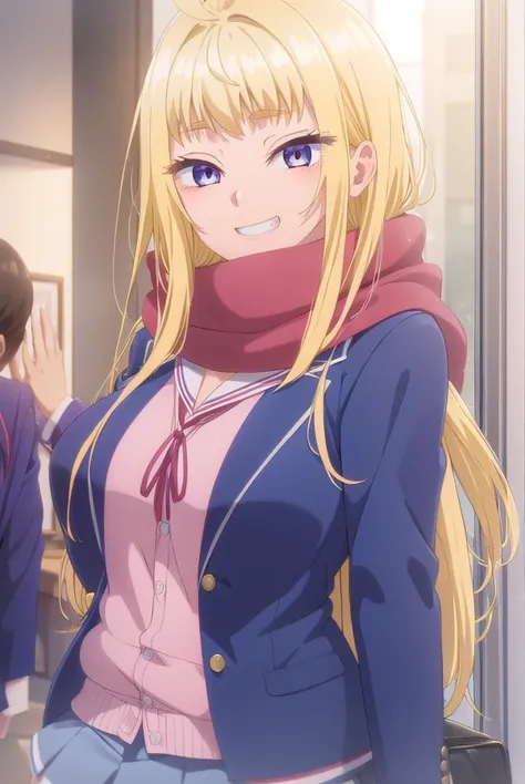 minamifuyuki, <lora:minami fuyuki s1-lora-nochekaiser:1>,
minami fuyuki, long hair, blonde hair, (purple eyes:1.1), ahoge, sidelocks, smile, grin,
BREAK cleavage, skirt, school uniform, jacket, pleated skirt, boots, scarf, blazer, cardigan, blue jacket, gr...