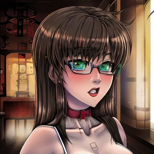 beautiful, masterpiece, 4k,  Neus, green eyes, glasses, choker, <lora:Neus Character JohnnyMelaboProd SD1.5:1>