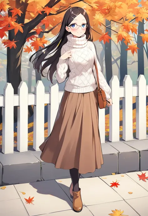 1girl, saitou kaede, solo, glasses, long hair, blue eyes, pantyhose, black hair, hair ornament, hairclip, blush, leaf, autumn leaves, black legwear, looking at viewer, autumn, turtleneck, brown skirt, full body, white sweater, handbag, long skirt, casual, ...