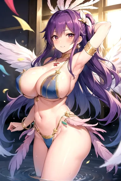 wading,looking at viewer,solo,water, sunset, onsen, wisteria,moody lighting, BREAK, 
CONCEPT_SambaDress_ownwaifu, www.ownwaifu.com, samba, 
pasties, jewelry,  feathers, hair ornament, bracelet, earrings, wings, armlet, choker, feathered wings, necklace, an...