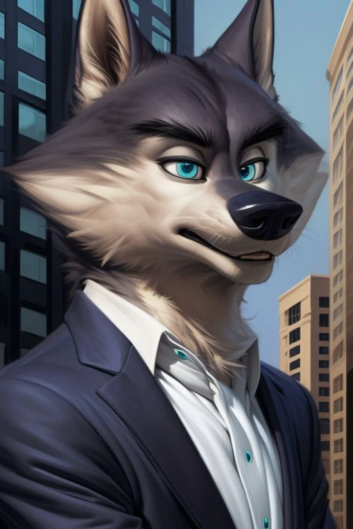 ASCII(By meesh), (by Darkgem), close up, Anthropomorphic, Eurasian wolf, ((teal-blue eyes)), gray fur, white underbelly, ((tone body)), standing, wearing a tuxedo, ((detailed office building background)), hyper realistic, ((detailed eyes))