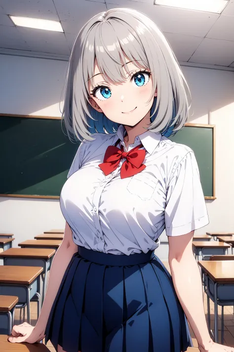 1girl, cowboy shot, classroom, smile, 
tejina_senpai, blue eyes, grey hair, short hair, bangs, school uniform, red bowtie, white shirt, pleated skirt, <lora:tejina_senpai_lora_ver1:0.7>, best quality, masterpiece, highres, <lora:GoodHands-vanilla:1>