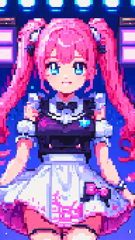 pixel art, best quality, female, pink hair, bi pigtails, idol, microphone, cute dress, poufy skirt, idol, smile