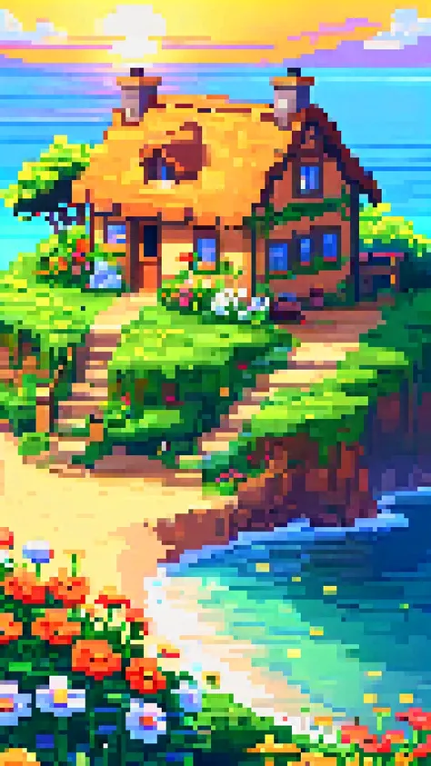 pixel art, 32 bit, a small countryside cottage perched on the edge of a towering cliff overlooking a vast ocean. The scene is bathed in warm golden light as the sun sets, creating a sense of peaceful solitude and wonder. The cottage is surrounded by lush g...