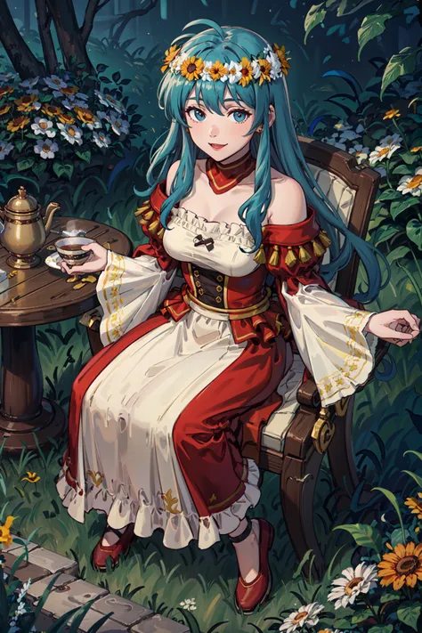 sitting on chair,table tea,from above,smile,<lora:ValentineEirikaV1-000016:0.8>,val_eirika, flower wreath, strapless dress,white dress,red dress, off shoulder, flower, earrings, wide sleeves, bare shoulders,long dress, collarbone, long sleeves,detached col...