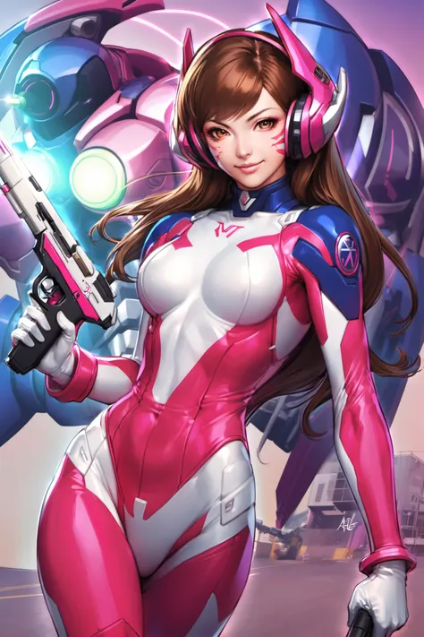 1girl,d.va (overwatch),solo,brown hair,weapon,long hair,gun,bodysuit,mecha,brown eyes,whisker markings,robot,facial mark,gloves,pilot suit,headphones,smile,handgun,white gloves,lips,bangs,holding weapon,standing,holding gun,signature,nose,<lora:Artgerm_XL:...