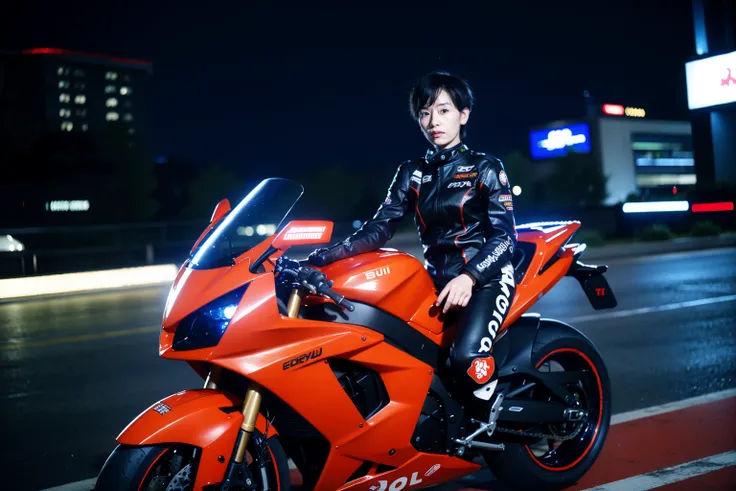 1girl,moyou,short hair,motorcycle racing,Driving Suit,Motorcyclist,High-Speed,Streets at night,liuliu,<lora:LYS:0.8>,