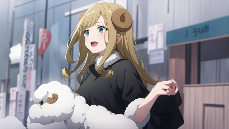 amwkaoruko, solo, 1girl, black shirt, upper body, sheep horns