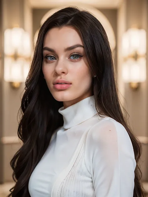 photo of beautiful (block_larho-145:0.99), a beautiful woman, perfect long  hair,  (closeup portrait), (wearing white turtleneck jumper:1.1), in a (luxurious hotel lobby), 85mm, (analog, cinematic, film grain:1.3), ((detailed eyes)), (color picture:1.1), (...