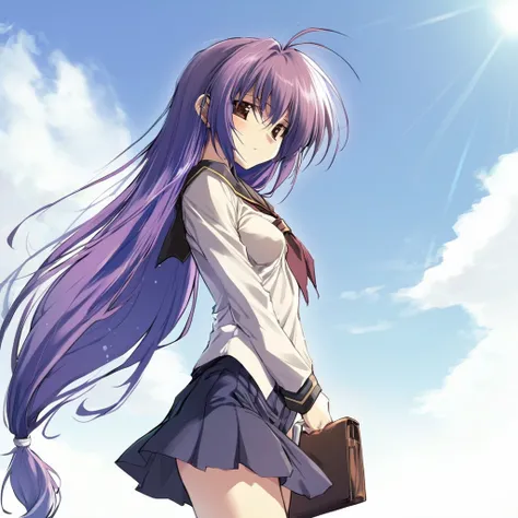 <lora:Komatsu_Eiji_SDXL_V2:1>,iriya kana, 1girl, solo, long hair, school uniform, day, sky, cloud, low-tied long hair, purple hair, skirt, antenna hair, very long hair, brown eyes, best_quality,masterpiece,1_girl