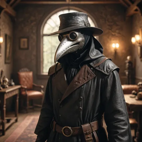 plague doctor, brown leather mask, plague doctor mask:1.2), detailed dark fantasy interior background, wallpaper, landscape, dep...