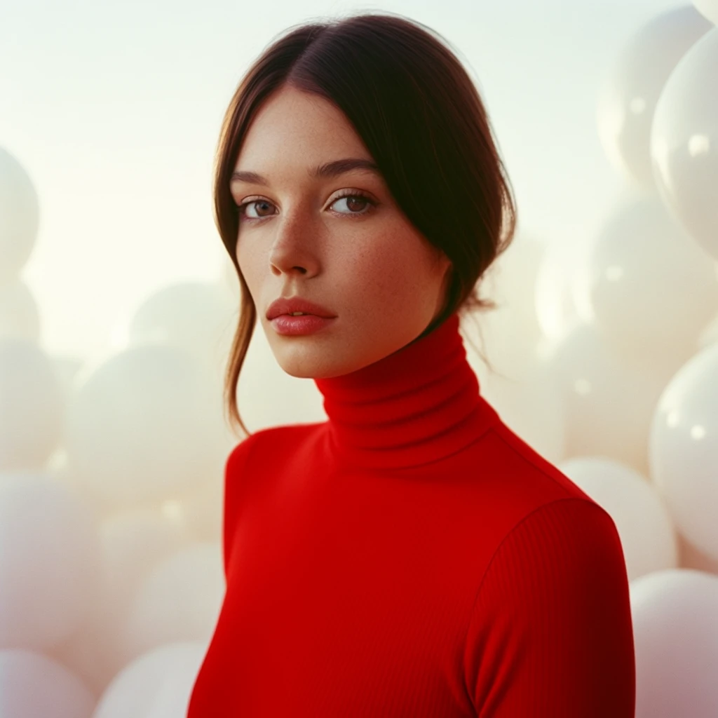 fashion portrait photo of beautiful young woman from the 60s wearing a red turtleneck standing in the middle of a ton of white balloons, taken on a hasselblad medium format camera