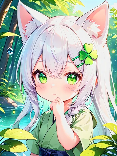 1girl, green eyes, chibi, animal ears, hair ornament, bangs, blush, hair between eyes, animal ear fluff, long hair, closed mouth, braid, nature, outdoors, upper body, hand on own chin, green kimono, water drop, plant, forest, day, hairclip, white hair, han...