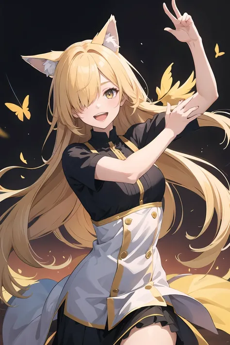 masterpiece,best quality,absurdres,1girl,wolf ears,yellow long hair,hair over one eye,smile,open mouth,stylish pose,theater dance scene,<lora:GoodHands-beta2:0.8>,